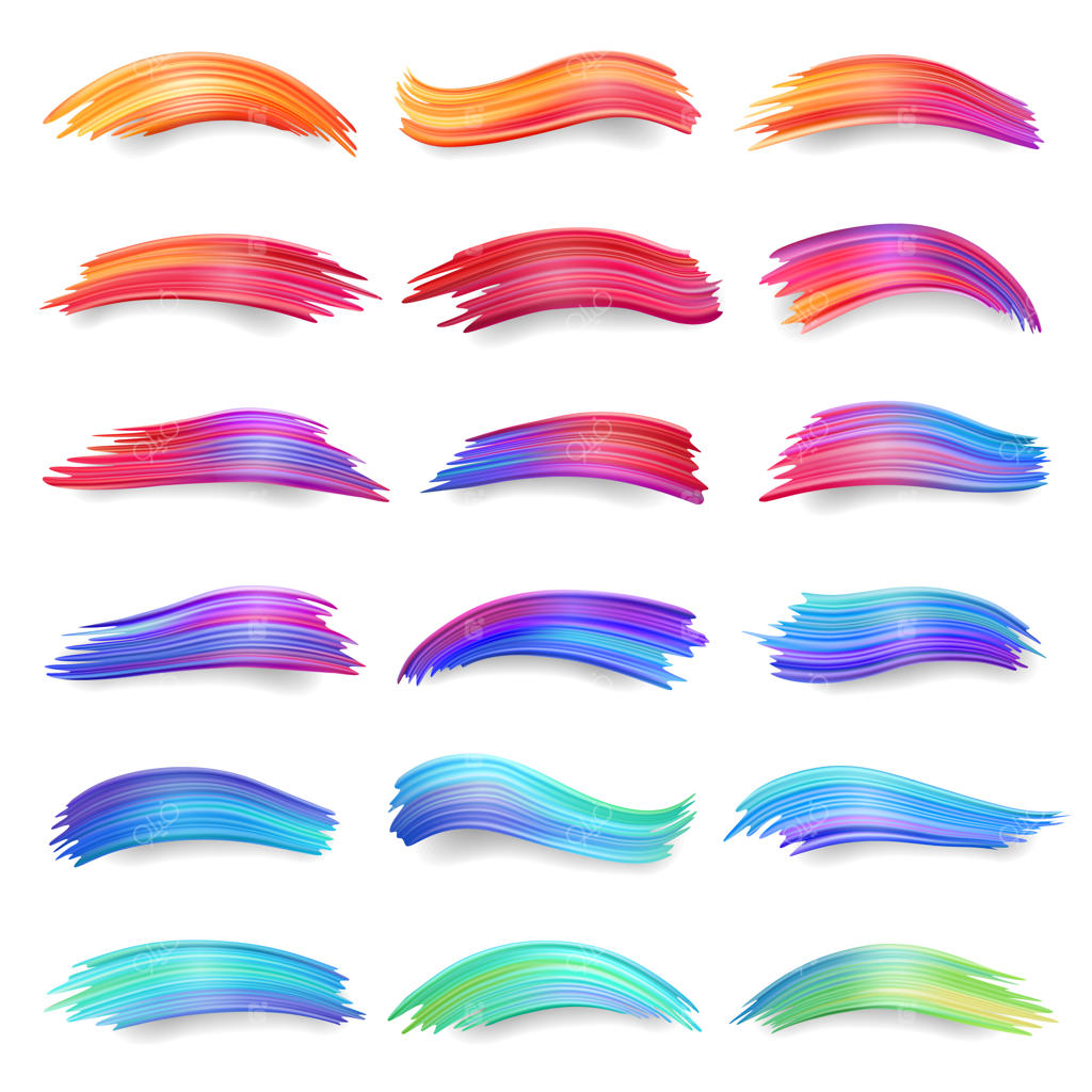 طیف لکه‌های رنگی و رد قلم‌مو از قرمز تا نارنجی، بنفش، آبی و سبز؛ لکه‌های رنگ اکریلیک یا مجموعه‌ای از طرح‌های آبرنگی و جوهری جداگانه، تزیینات انتزاعی و المان طراحی رنگارنگ