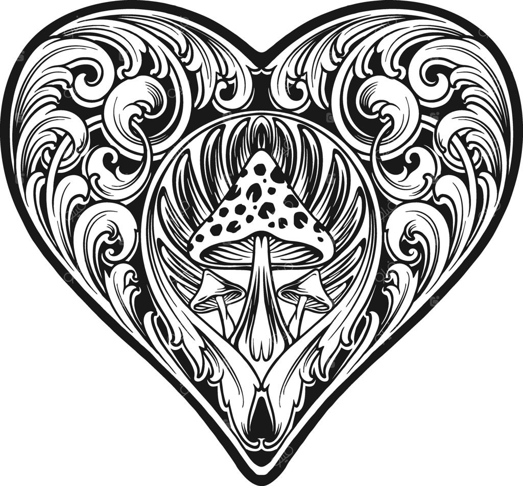 طرح‌های وکتوری با شکل قلب تزیینی و حاشیه قارچ‌های جادویی برای لوگو، تی‌شرت، برچسب، طراحی لیبل، پوستر و کارت‌ تبریک یا تبلیغات برای شرکت‌ها و برندها.