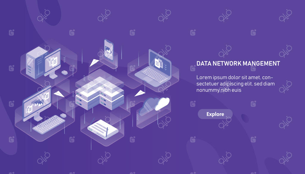 قالب بنر افقی مدرن با کامپیوتر، لپ‌تاپ، موبایل، سرور، روتر و هواپیماهای کاغذی در حال پرواز میان آن‌ها. مدیریت شبکه داده. تصویر ایزومتریک رنگارنگ و مدرن.