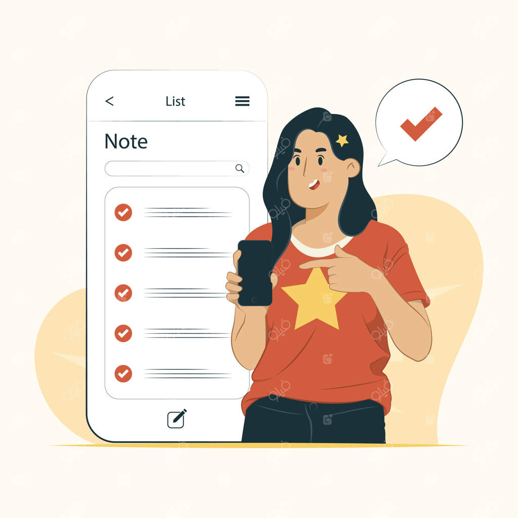 طرح لیست یادداشت موبایل روی پس‌زمینه سفید