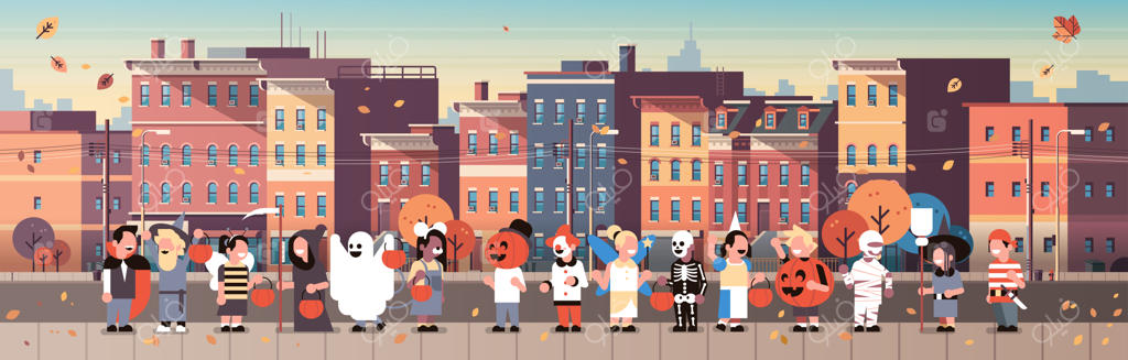 بچه‌ها با لباس‌های هیولا در حال قدم زدن در شهر البته تعطیلات