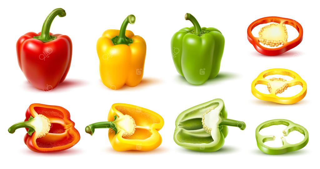 مجموعه سه‌بعدی فلفل دلمه‌ای خام و رسیده به صورت واقع‌گرایانه