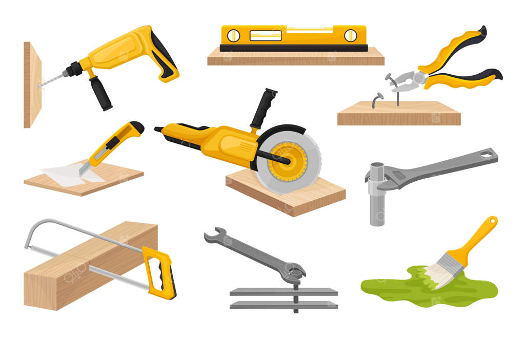 مجموعه‌ای از ابزارهای ساختمانی. تصویرسازی روی پس‌زمینه سفید.