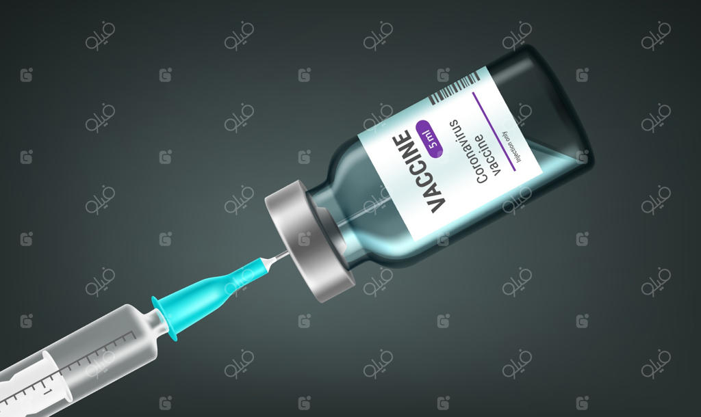 تصویرسازی مورب واکسن در ویال شیشه‌ای و سوزن سرنگ پلاستیکی داخل آن