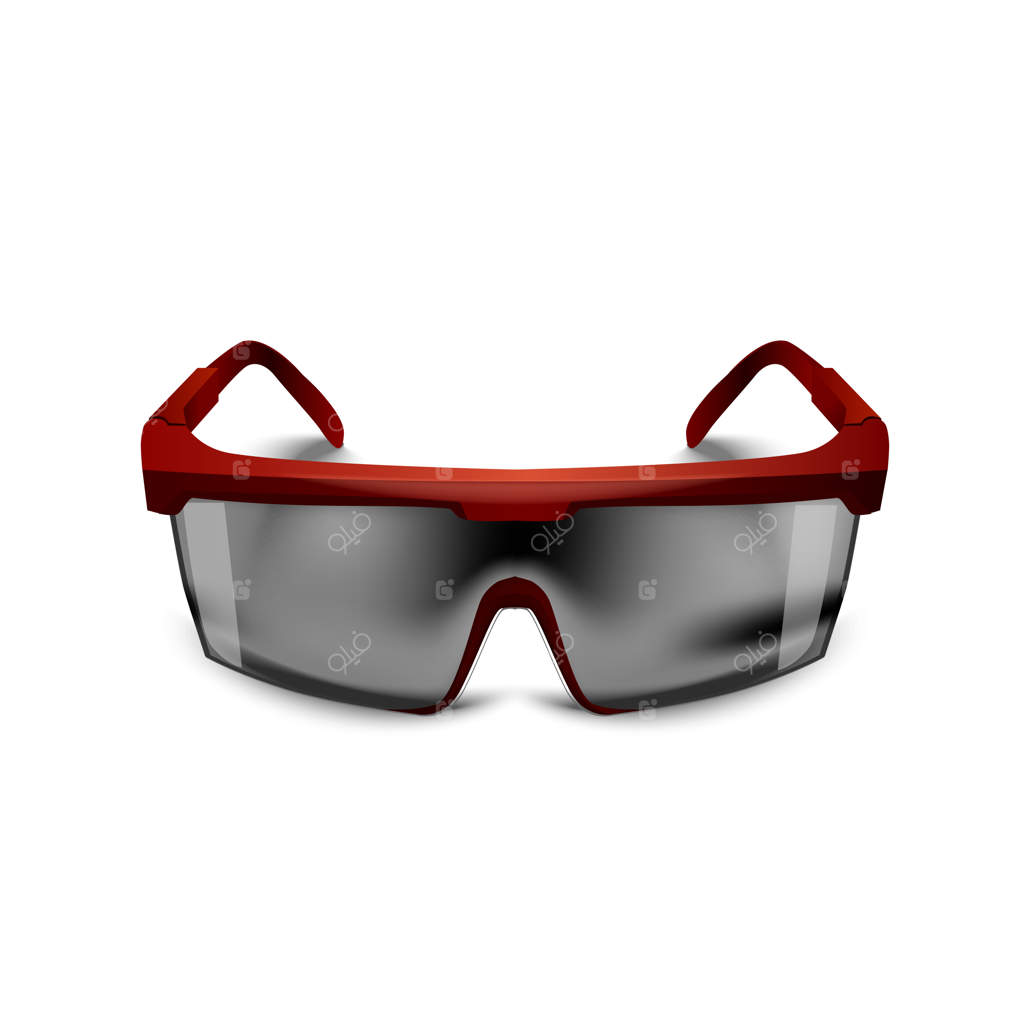 عینک ایمنی قرمز با لنزهای سیاه روی زمینه سفید: محافظ چشمی برای ساخت‌وساز، پزشکی و ورزش‌ها
