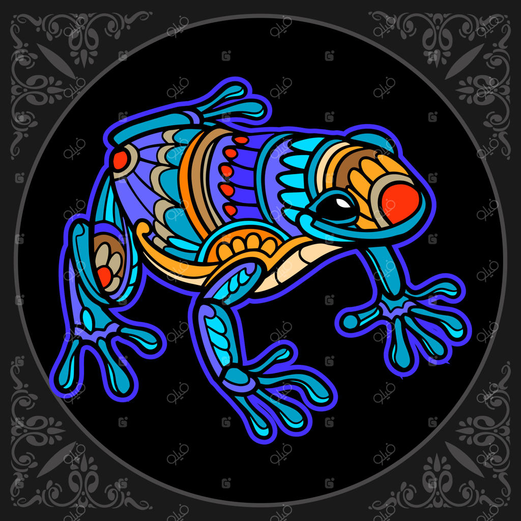 هنر دوزی زنتانگل قورباغه رنگارنگ روی زمینه سیاه