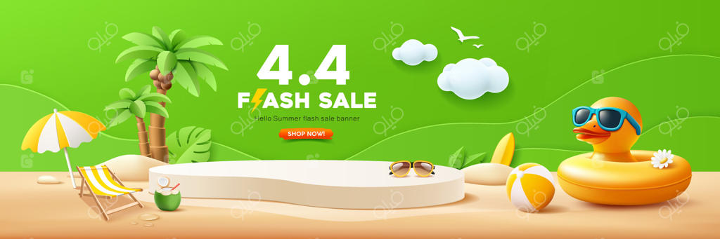 پودیوم فروش فوق‌العاده تابستانی: حلقه بادی طرح اردک زرد، چتر ساحلی، درخت نارگیل، طراحی بنر بر روی شن‌های ساحل با پس‌زمینه سبز