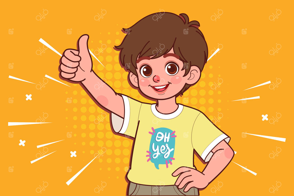 طراحی دستی پسری که با بالا گرفتن انگشت شست علامت تأیید را نشان می‌دهد