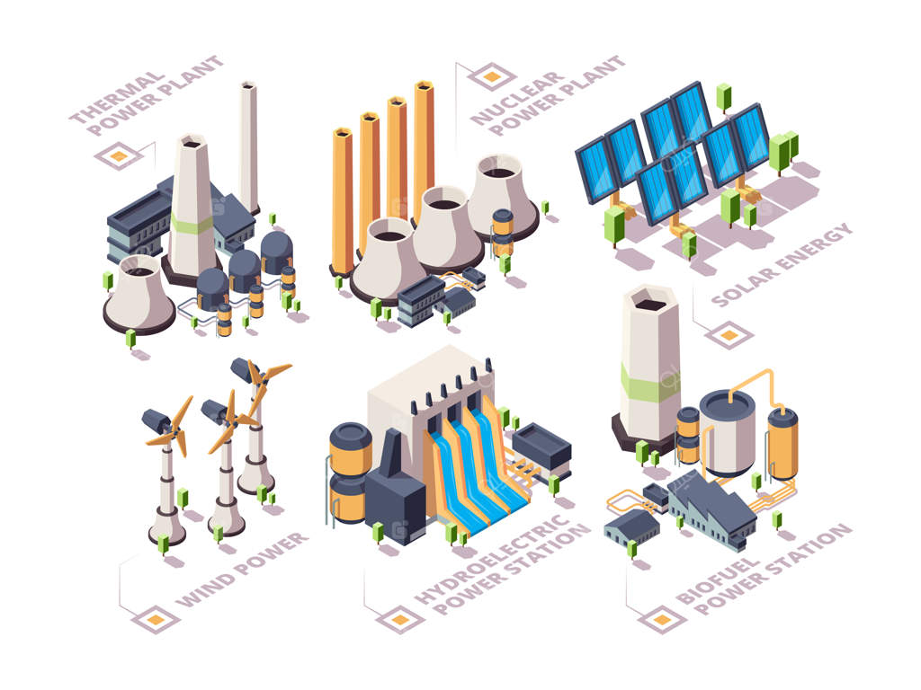 سیستم‌های انرژی: نیروگاه‌های طبیعی پرقدرت، پنل‌های خورشیدی الکتریکی و توربین‌های بادی برای انرژی سبز ایزومتریک.