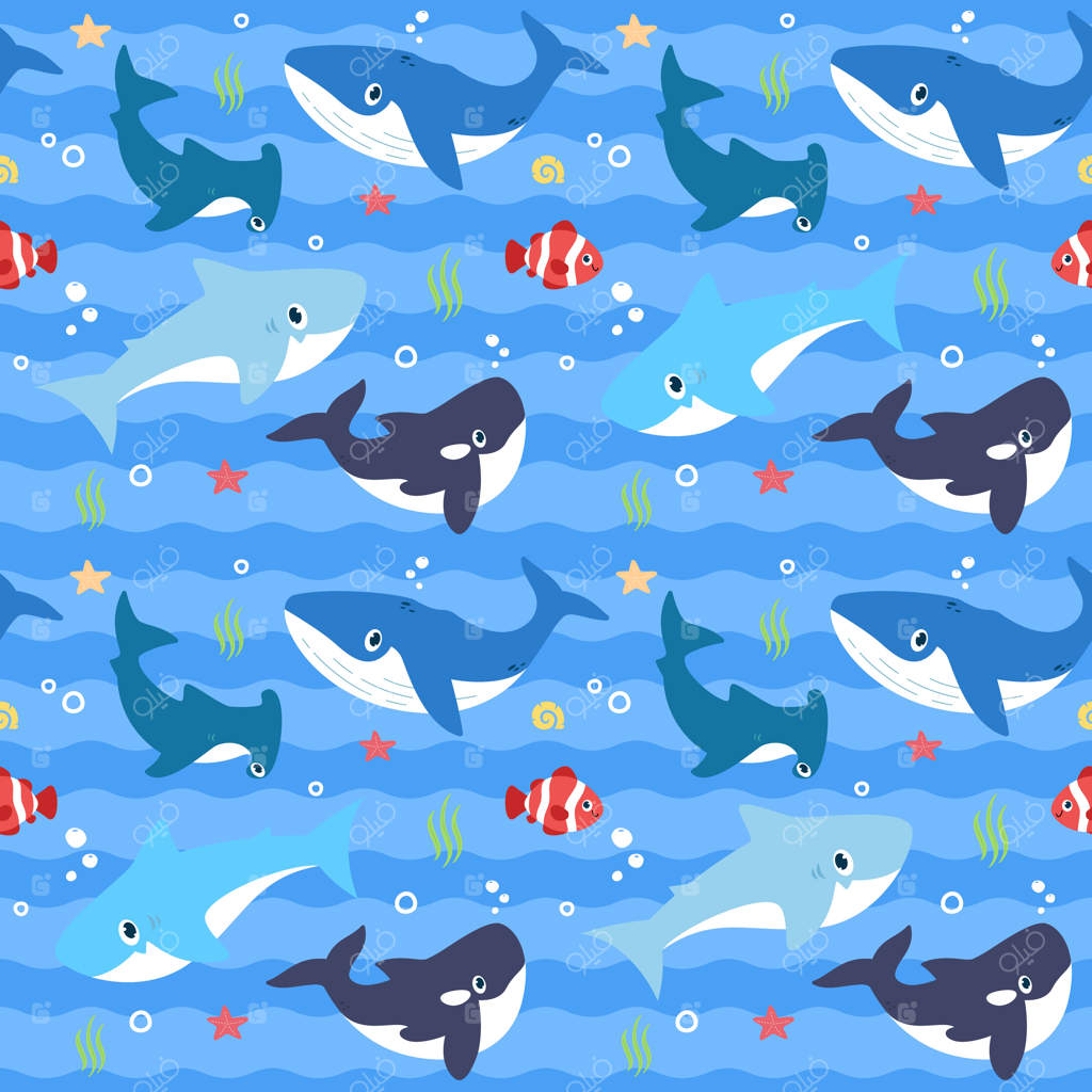 کاغذ دیواری با طرحی شاد از کوسه نهنگ و ماهی‌های اقیانوسی