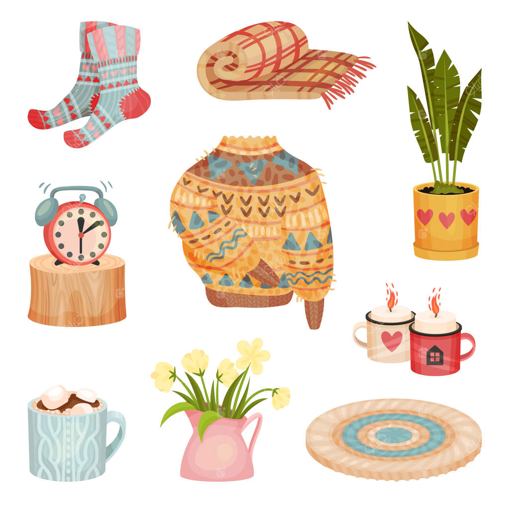 مجموعه‌ای از وسایل دنج بر روی زمینه سفید