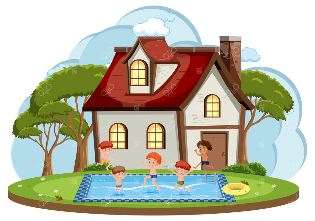 مقابل خانه با کودکانی که در استخر شنا می‌کنند