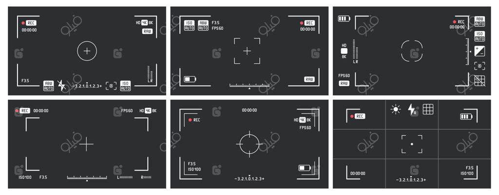 منظره‌یاب‌های دوربین ویدئویی: مجموعه‌ای از قاب نما و صفحه‌نمایش ضبط سینما و منظره‌یاب دوربین‌های DSLR به صورت وکتور