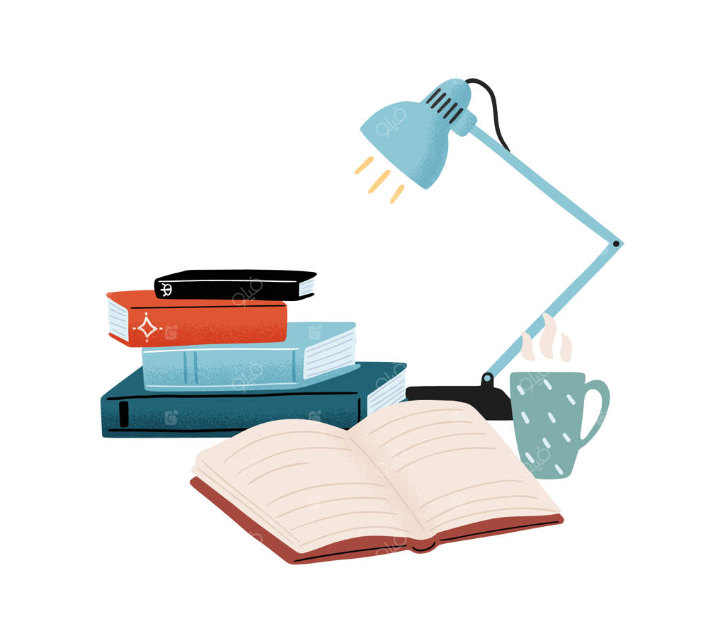 ترکیب کتاب‌ها، چراغ مطالعه و چای داغ بر روی زمینه سفید. سرگرمی، تفریح یا آمادگی برای امتحان با کتاب‌های آموزشی یا تفریحی. تصویر برداری فلت کارتونی.