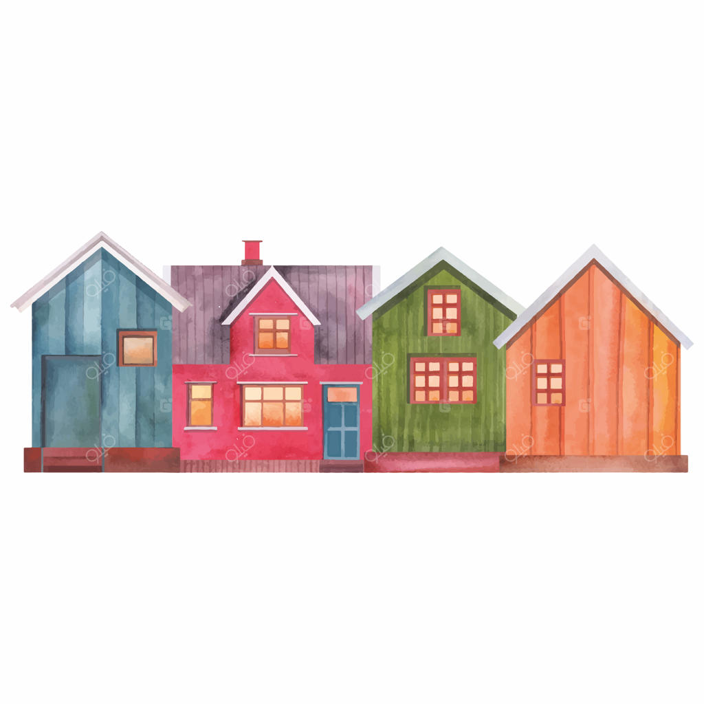 تصویرسازی خانه‌های ساحلی نروژی با آبرنگ - طراحی بامزه برای پارچه