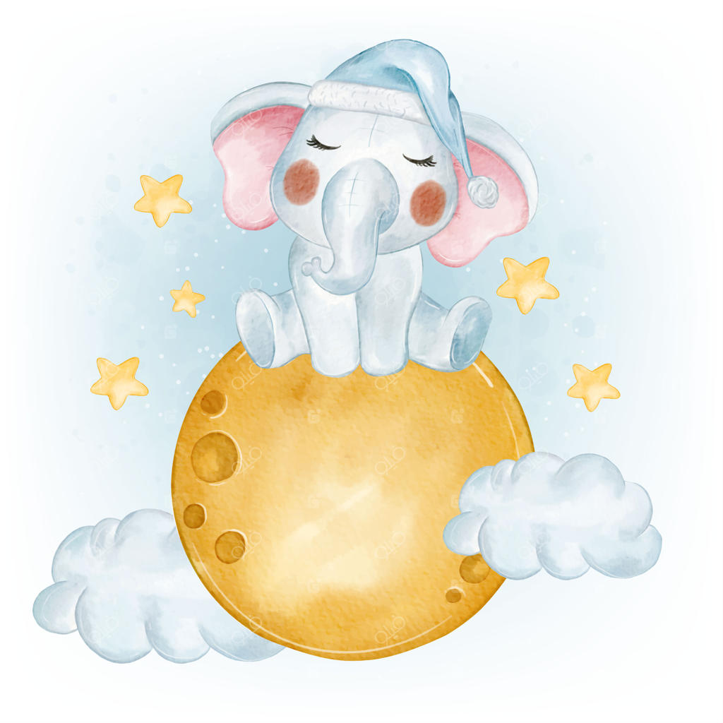 فیل کوچولوی خوابیده روی ماه و ستاره‌ها با آبرنگ
