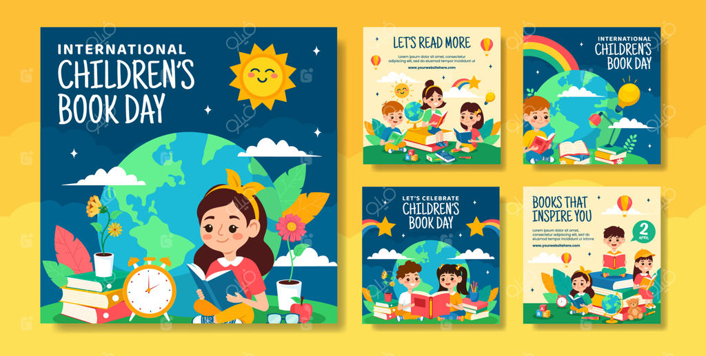 الگوهای تصویری کارتونی دست‌کشیده برای پست‌های شبکه‌های اجتماعی روز کتاب کودک