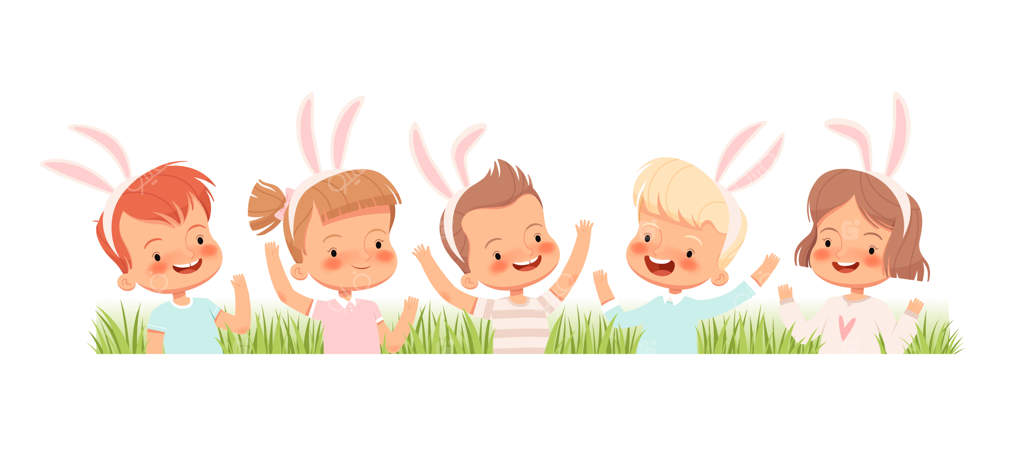 کودکان در لباس خرگوش‌ها در چمن‌ها می‌خندند و دست تکان می‌دهند. کودکان عید پاک را به شما تبریک می‌گویند.