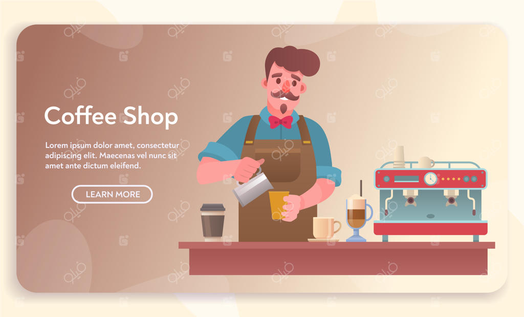 عناصر کافه، کافی شاپ یا کافه‌تریا. آماده‌سازی نوشیدنی توسط مرد پشت پیشخوان. مجموعه‌ای از دسرهای مختلف، دستگاه قهوه‌ساز، آسیاب قهوه و انواع نوشیدنی‌ها