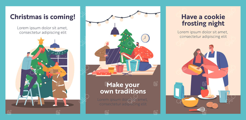 بنرهای کارتونی زوج جوان در حال جشن کریسمس: بسته‌بندی هدایا، پخت‌وپز و تزیین درخت کاج