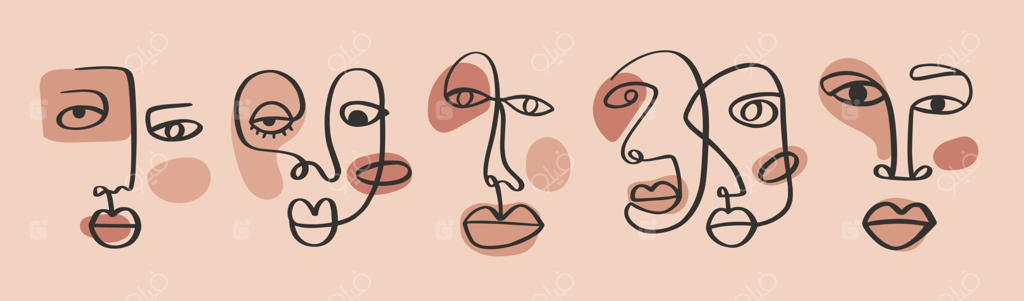 چهره‌ها در طراحی خطی مداوم و انتزاعی: هنر مینیمال، نیمرخ زیباشناختی. پرتره قبیله‌ای و مدرن با خط پیوسته روی زمینه‌ای خنثی و گرم