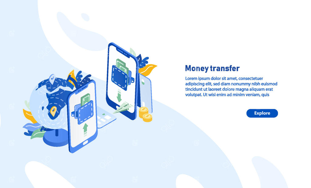 قالب بنر وب افقی با دو گوشی هوشمند، کره زمین، هواپیمای کاغذی و فضایی برای متن. خدمات انتقال الکترونیکی پول بین‌المللی سریع و امن. تصویر ایزومتریک.