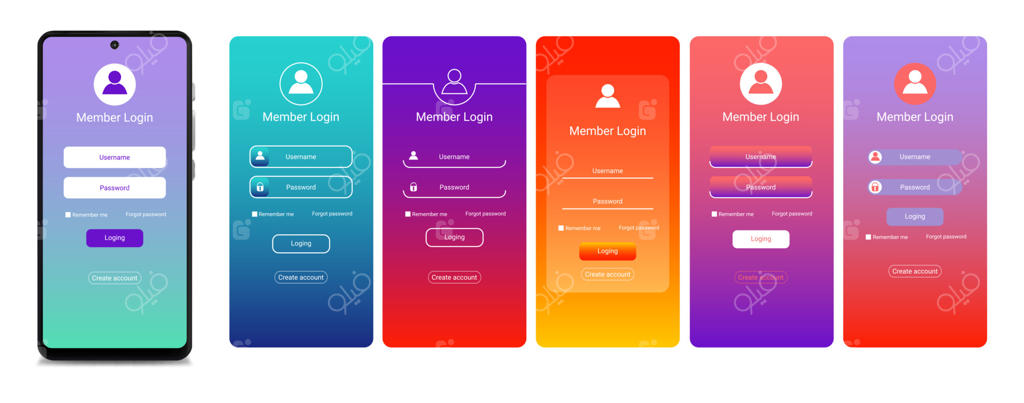 صفحه نمایش موبایل سه‌بعدی واقع‌گرایانه با فرم ورود و رنگ‌های زنده. وکتور