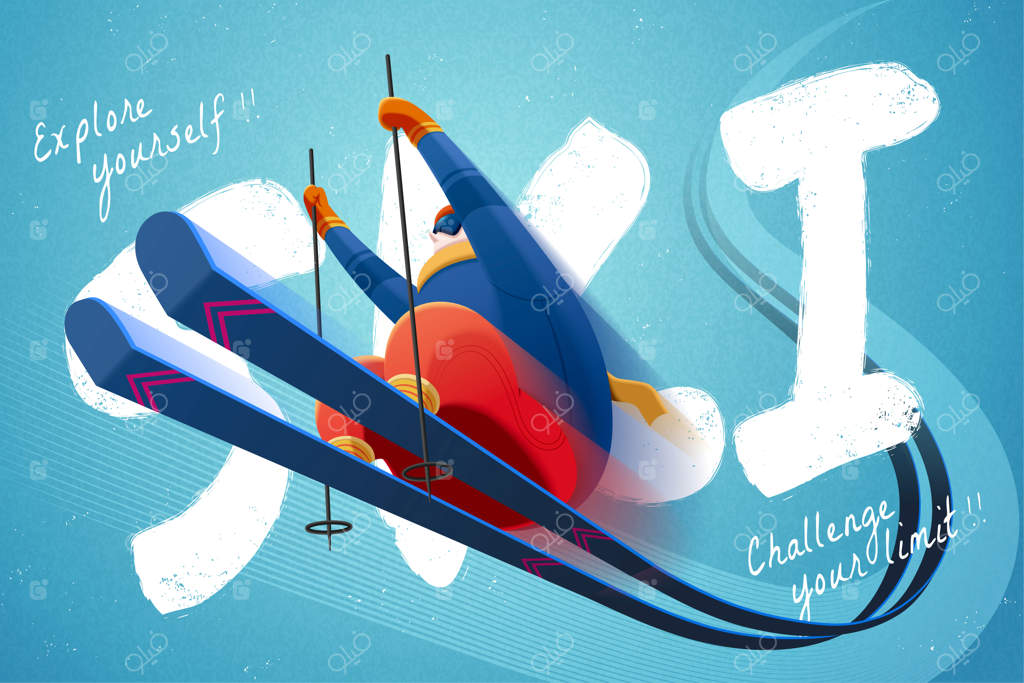 اسکی‌باز حرفه‌ای آلپاین در حال پرش با سرعت بالا از زاویه پایین