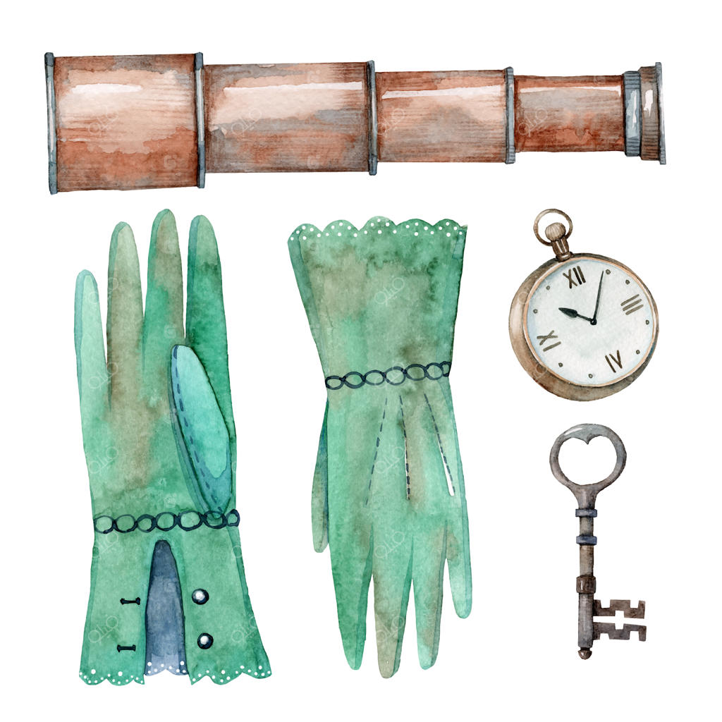 مجموعه طراحی دستی آبرنگ از عناصر ماجراجویی کلاسیک: دوربین، دستکش، ساعت و کلید
