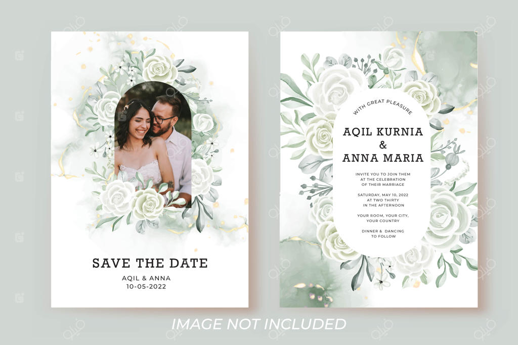 قالب کارت دعوت عروسی با قاب عکس و طرح گل رز سفید و برگ‌های سبز آبرنگی