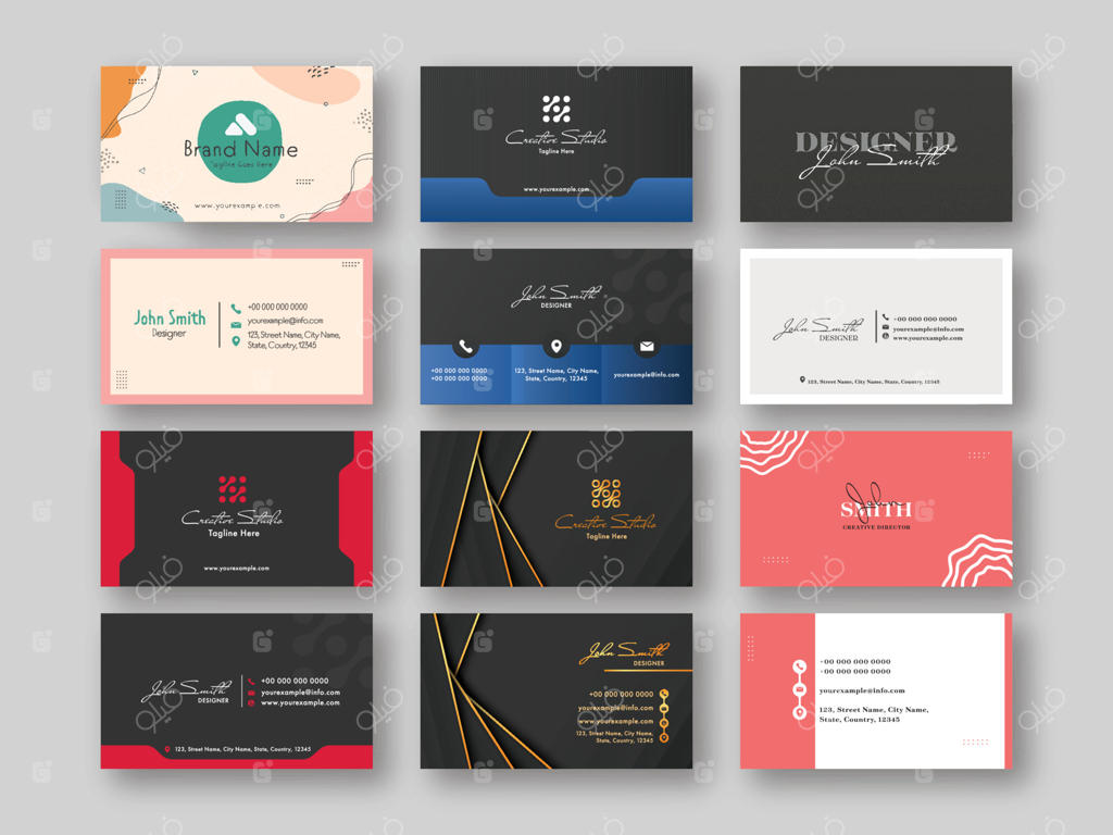 مجموعه‌ طرح‌های انتزاعی کارت ویزیت افقی برای چاپ و انتشار.