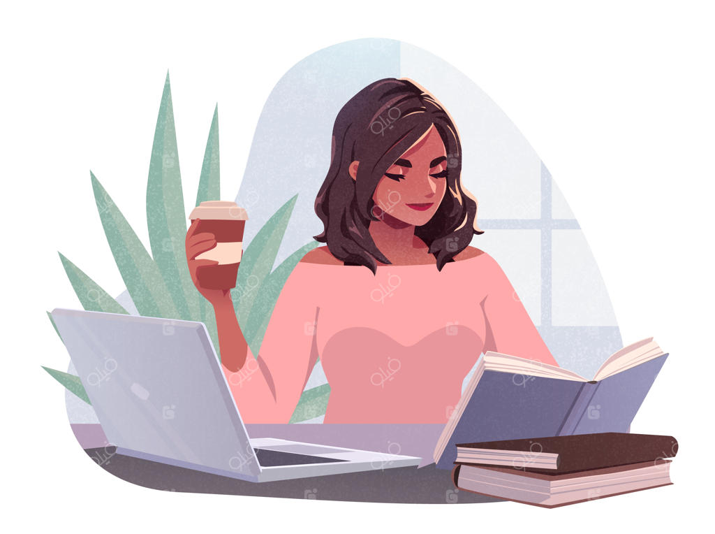 زن جوان در حال کار با لپ‌تاپ و نوشیدن قهوه در کافه بیرونی