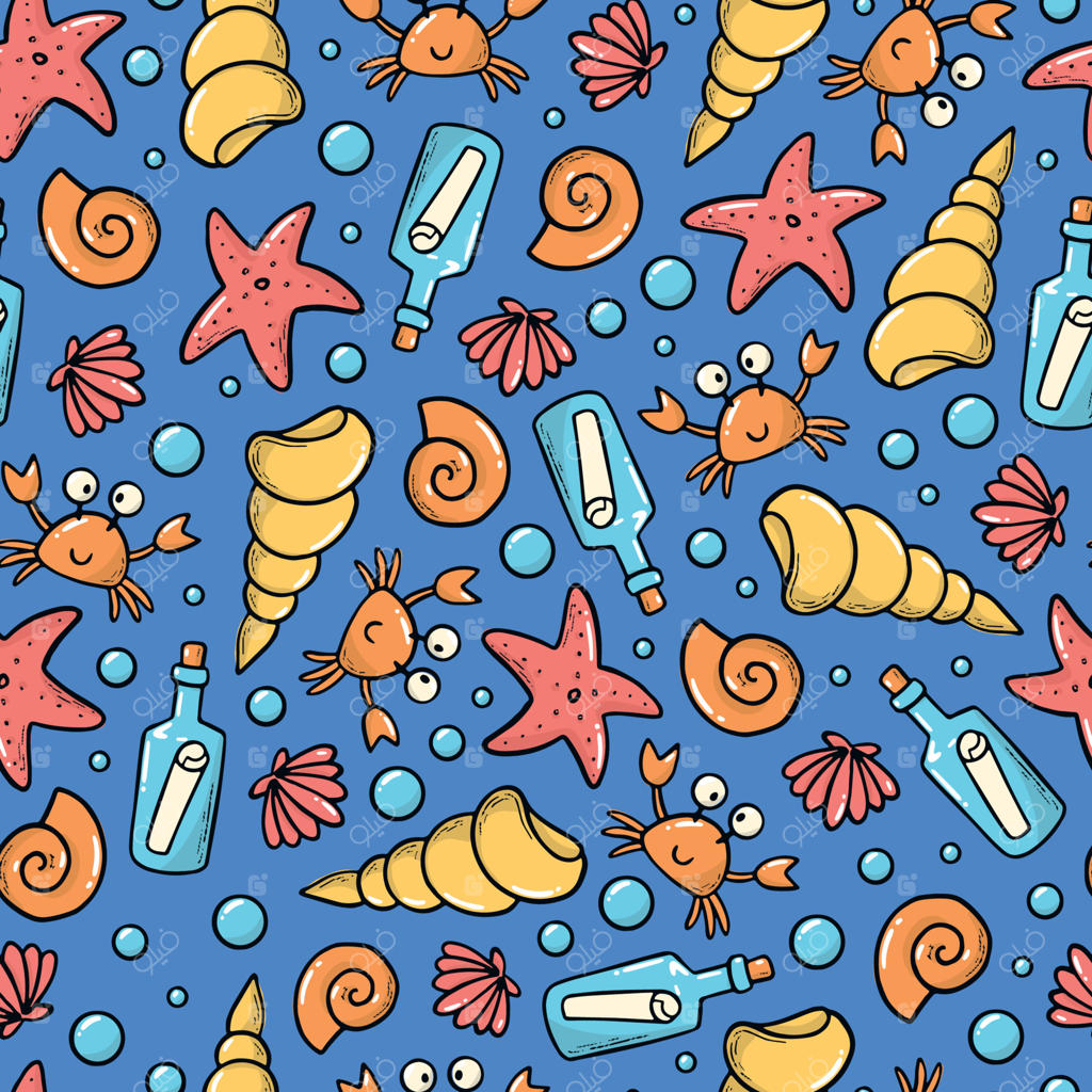 طرح تابستانی با الگوهای دریایی شامل صدف، خرچنگ، ستاره دریایی و حباب‌ها. مناسب برای چاپ پارچه‌های کودکان، کاغذ کادو، کاغذ دیواری، لوازم‌التحریر و اسکرپ‌بوک.