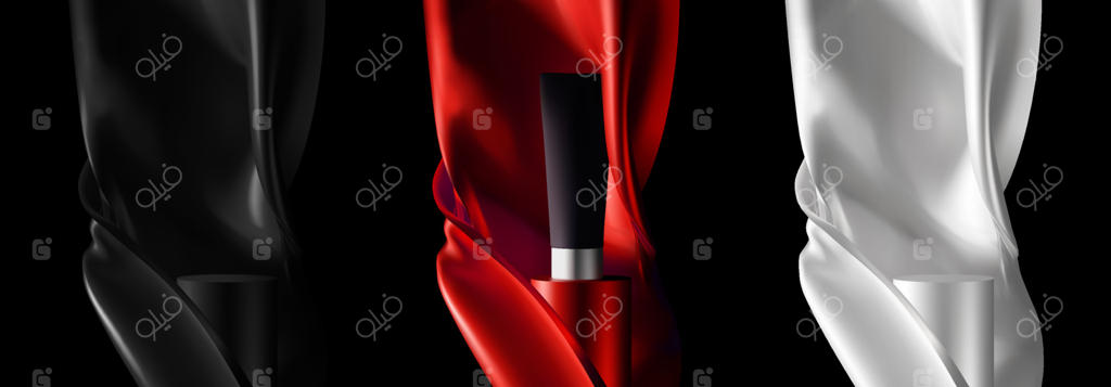 مجموعه‌ای از سکوی تیره و مینیمال با پوشش پارچه ابریشمی زیبا برای ارائه محصولات آرایشی و زیبایی وکتور