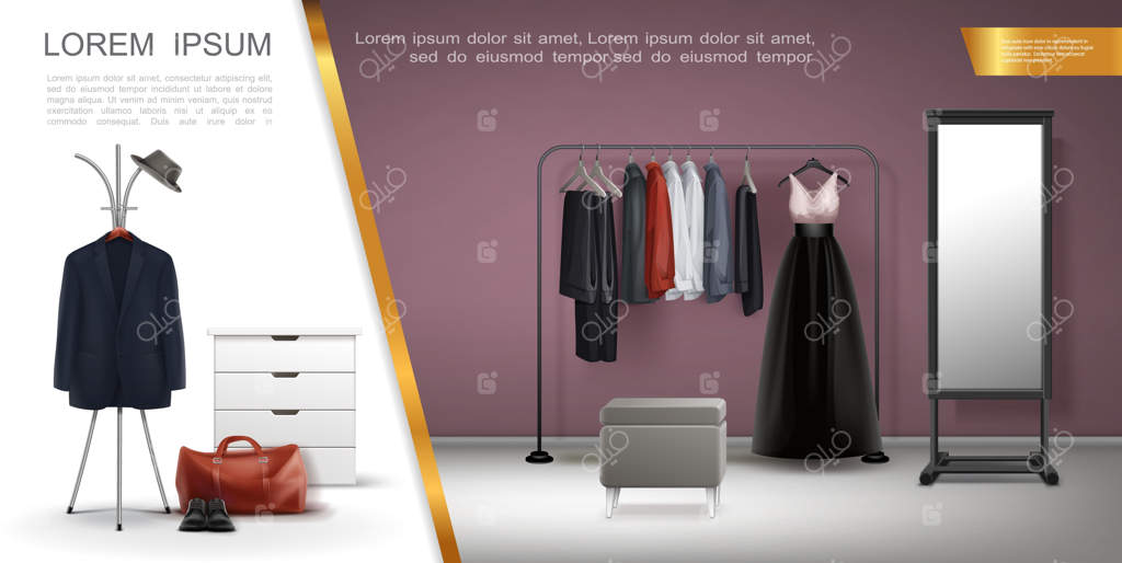 ترکیب واقعی از عناصر اتاق کمد لباس شامل کاپشن، پیراهن، لباس، شلوار، کفش چرمی، کیف، آینه، چهارپایه و میز پاتختی