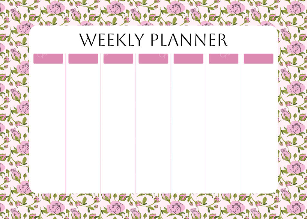 برنامه‌ریز هفتگی با طرح گل‌های شیک: زمینه‌ای از رزهای صورتی باغ و شکوفه‌های بهاری برای یادداشت‌ها. برنامه‌ریز مدرسه جذاب برای ۷ روز. قالب طراحی برنامه هفتگی کودکان.