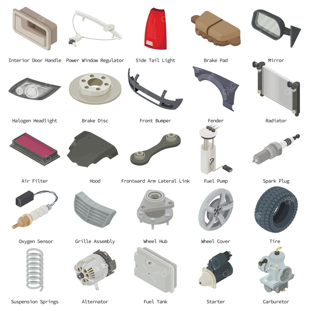 مجموعه آیکون‌های قطعات خودرو، به سبک ایزومتریک