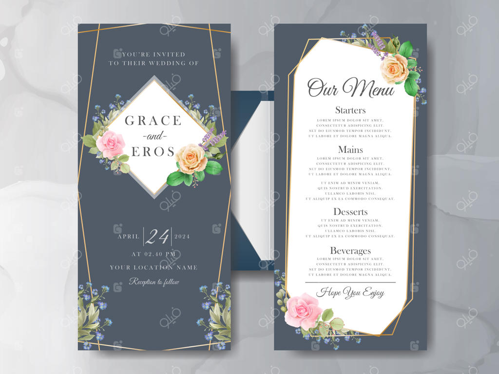 طراحی زیبا و گل‌دار کارت دعوت عروسی دستی