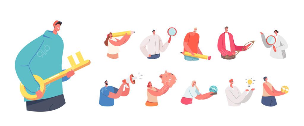 مجموعه‌ای از شخصیت‌های مرد و زن با وسایل مختلف: مردان و زنان با کلید، مداد، ذره‌بین، و بلندگو