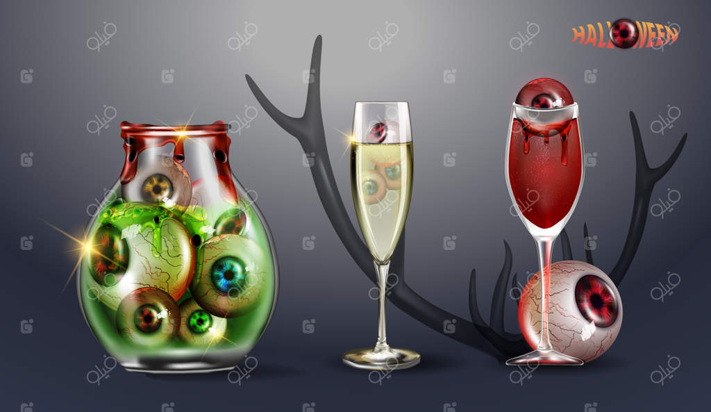 شیشه با چشم‌ها. کوکتل خون با یک چشم. مجموعه تصویرسازی وکتور برای هالووین شاد. مناسب برای پوستر، بنر، کارت تبریک، برچسب، بروشور یا پس‌زمینه.