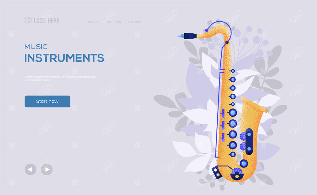 پوستر مفهومی ساکسوفون، بنر وب، سربرگ کاربری، ورود به سایت.