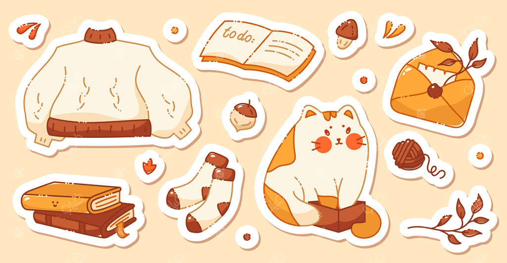 مجموعه‌ای از برچسب‌های پاییزی با طرح گلایدر. شامل یک گربه بامزه، ژاکت گرم، جوراب‌های پشمی، بادام‌زمینی، کتاب‌ها، کلاف نخ و پاکت‌نامه با شاخه‌ی پاییزی.