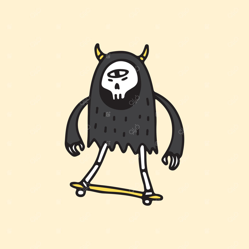 تصویر مرگ بامزه با چشمکی و اسکیت‌سواری، مناسب برای چاپ روی تی‌شرت.