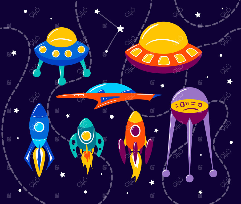 مجموعه موشک‌های رنگارنگ و درخشان در فضا. کهکشان، رویاها و کیهان. سفر فضایی؛ پرواز میان سیاره‌ها و ستاره‌ها. شاتل، بشقاب پرنده، آینده. بنر کودکانه با طراحی دستی. تصویرسازی کارتونی.