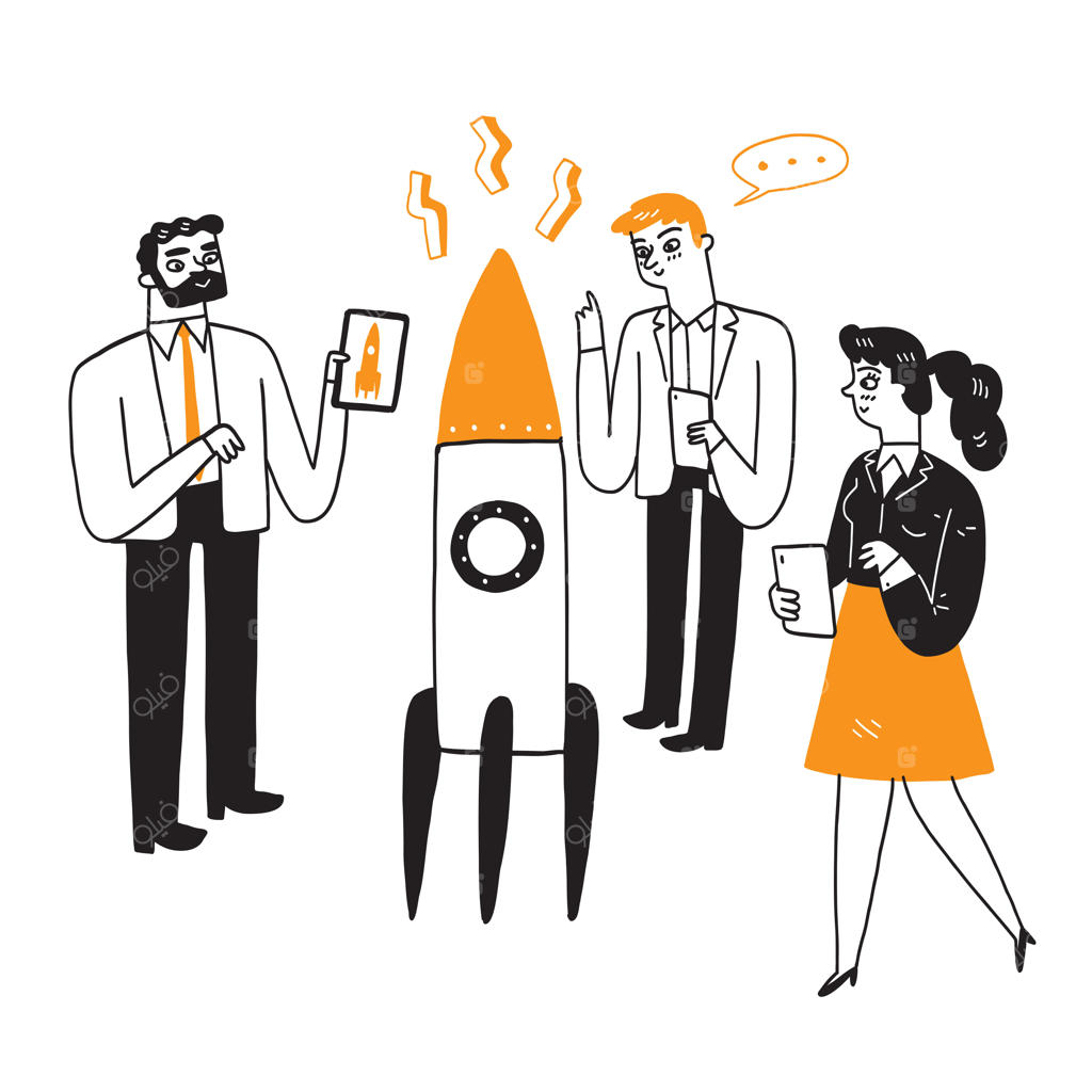 مفهوم استارتاپ؛ همکاری نوابغ یا اهالی کسب‌ و کار برای خلق نتایج - تصویرسازی وکتور با طرح دستی