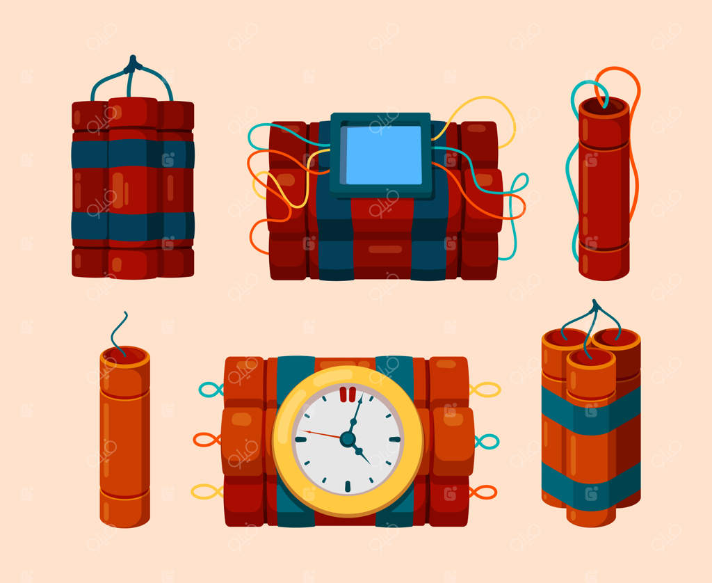 دینامیت. نمادهای خطرناک چوب دینامیت قرمز با تایمر برای انفجار بمب، تصویرسازی کارتونی وکتور. دینامیت انفجاری، باروت خطرناک