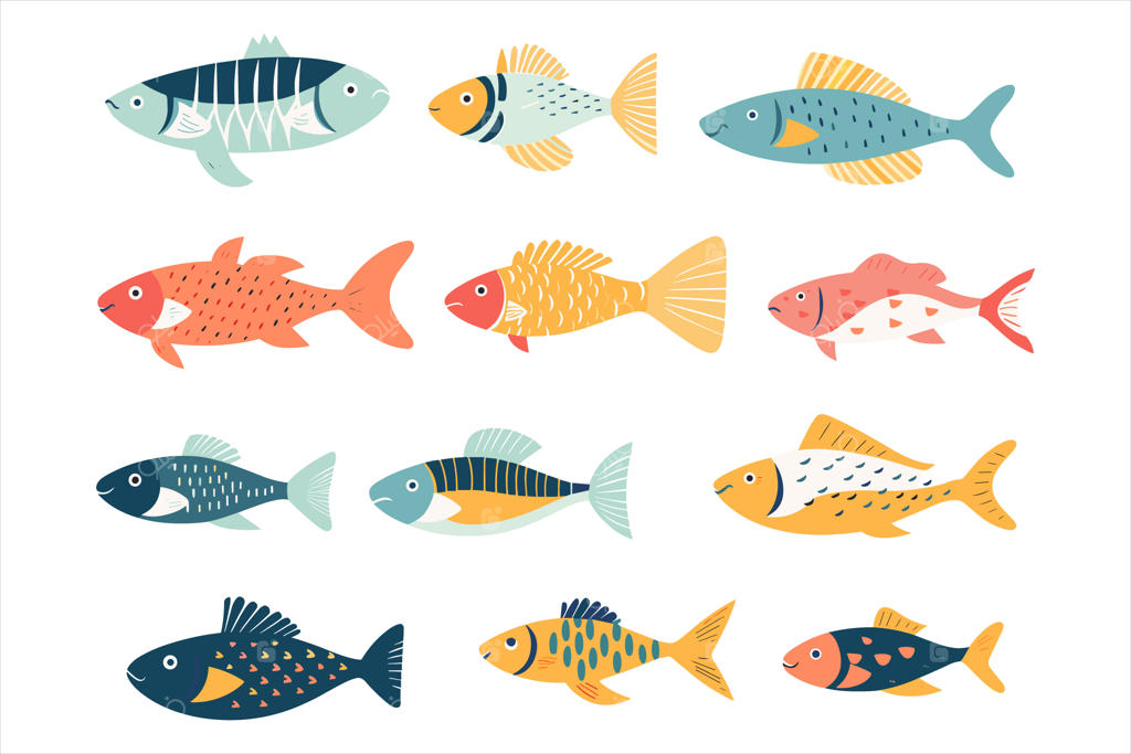 تصویرسازی ماهی‌های رنگارنگ دنیای زیر آب با پس‌زمینه سفید