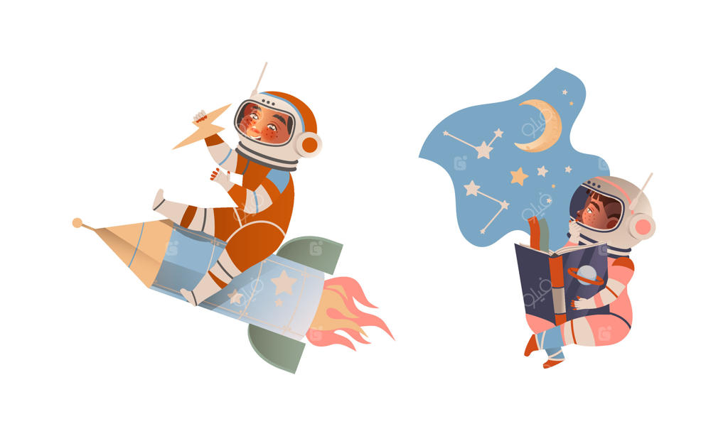 پسران بامزه در لباس فضانوردی در حال خواندن کتابی درباره فضا و پرواز با موشک. رویای کودکان برای فضانورد شدن - تصویرسازی