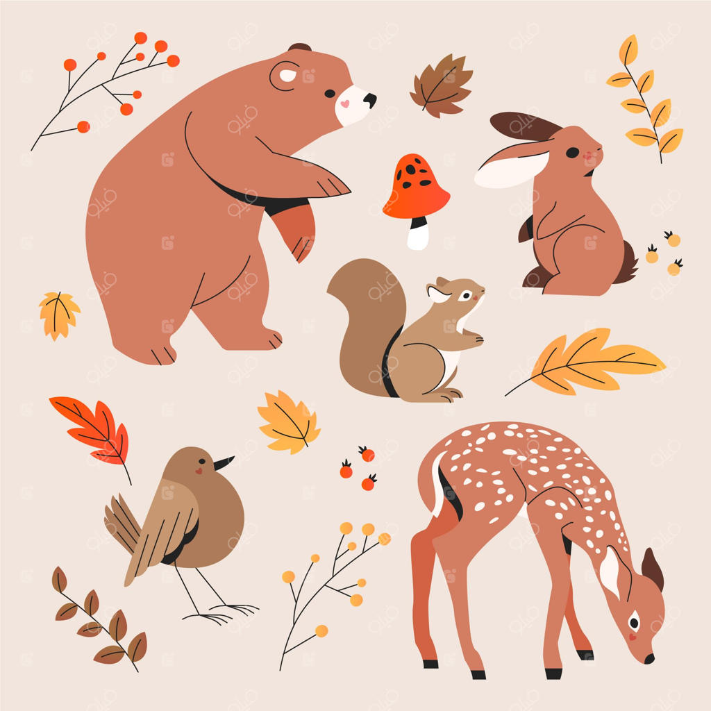 مجموعه‌ای از حیوانات پاییزی طراحی شده با دست