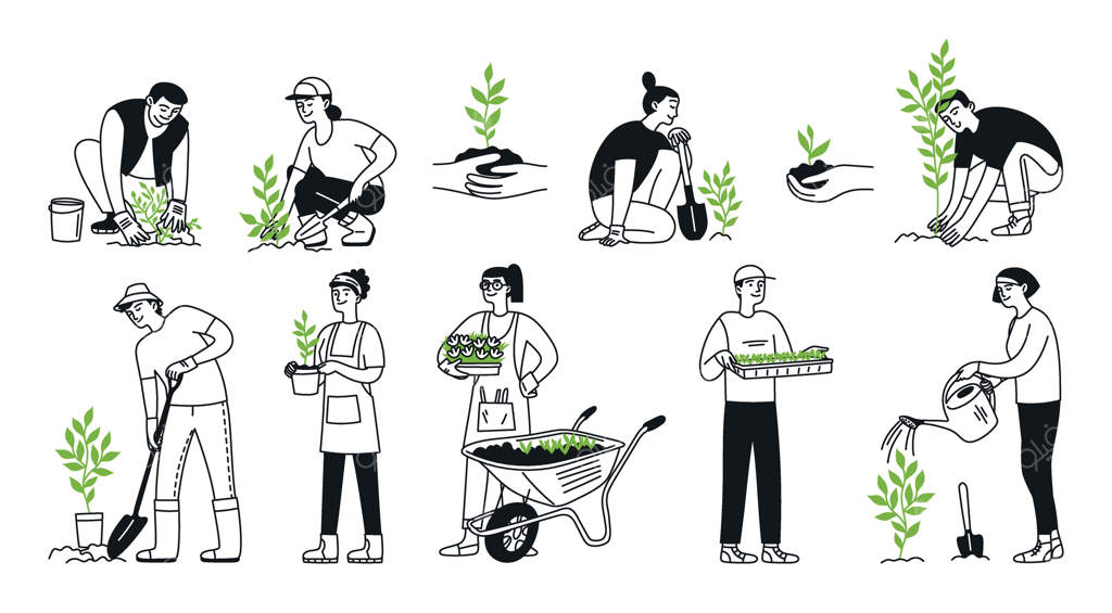 تیمی از افراد مشغول به کار در باغ؛ کاشتن گیاهان، مراقبت از گیاهان، گل‌ها و درختان. باغبانی، کشاورزی، پارک. تیم محیط‌زیستی. تصویرسازی دودل